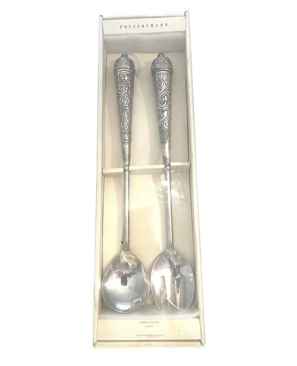 Vintage Pottery Barn Fork&Spoon Madena Salad Serving Utensils 16" Ornate USA